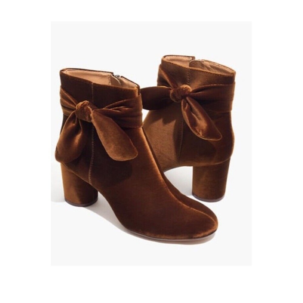 Madewell Boots Womens 8 Esme Bow Burnished Cedar Velvet Round Toe Chunky Heel